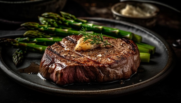 Steak grillé juteux avec asperges et beurre de tomate généré par l'IA