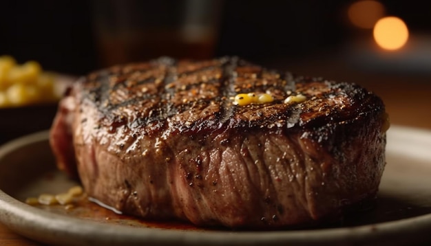 Photo gratuite steak grillé juteux sur une plaque de bois rustique générée par l'ia