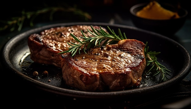 Steak grillé juteux et rare prêt à manger sur une assiette rustique générée par l'intelligence artificielle