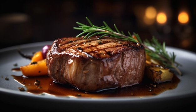 Photo gratuite un steak grillé, juteux et tendre, prêt à manger sur une assiette générée par l'intelligence artificielle.