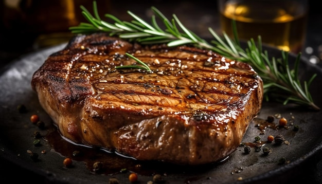 Steak grillé juteux et tendre prêt à manger sur une assiette rustique générée par l'intelligence artificielle