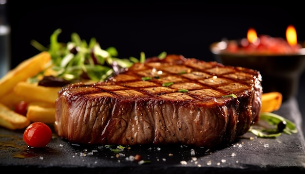 Photo gratuite steak grillé légumes frais table en bois rustique prête à manger générée par l'intelligence artificielle