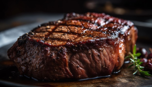 Steak grillé sur plaque de bois juteux et prêt à manger généré par l'IA
