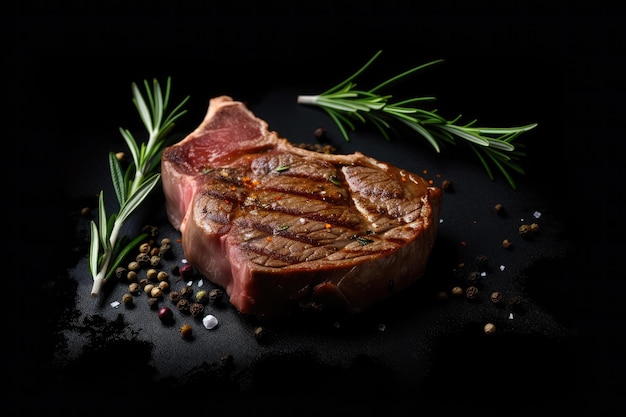 Steaks de boeuf grillés aux épices et herbes sur ardoise noire et fond noir Ai générative