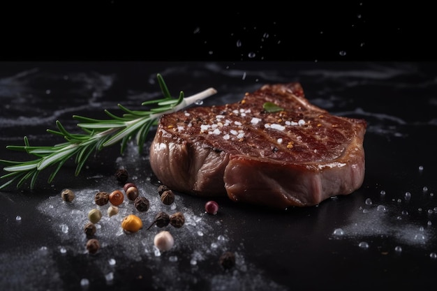 Photo gratuite steaks de boeuf grillés aux épices et herbes sur ardoise noire et fond noir ai générative