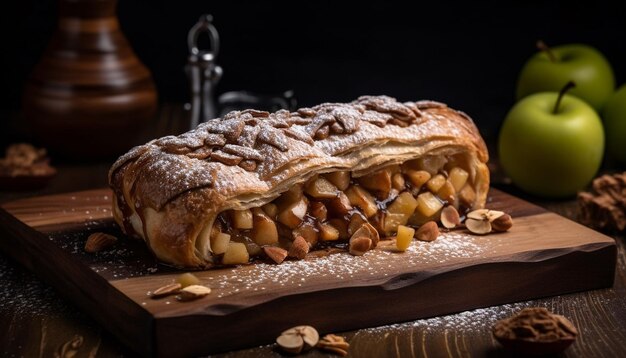 Strudel aux pommes fraîchement cuit sur une table en bois rustique générée par l'IA