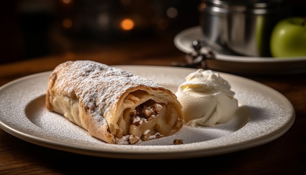 Photo gratuite strudel aux pommes maison avec boule de crème glacée généré par l'ia