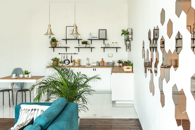 Studio spacieux décoré de bois et de blanc. design minimaliste avec d'immenses fenêtres au soleil. coin cuisine et séjour