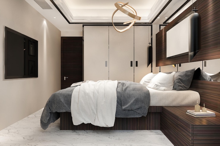 Photo gratuit suite de chambre à coucher moderne de luxe rendu 3d dans un hôtel avec télévision et armoire