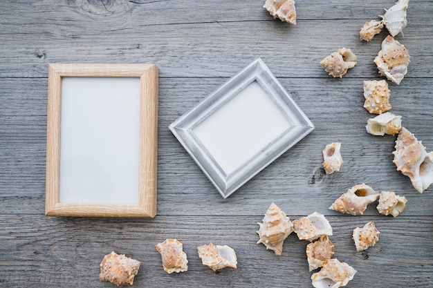 Photo gratuite surface en bois avec deux cadres décoratifs et coquillages