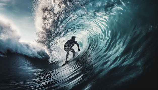 Un surfeur musclé chevauche un tonneau dans un paradis tropical AI générative