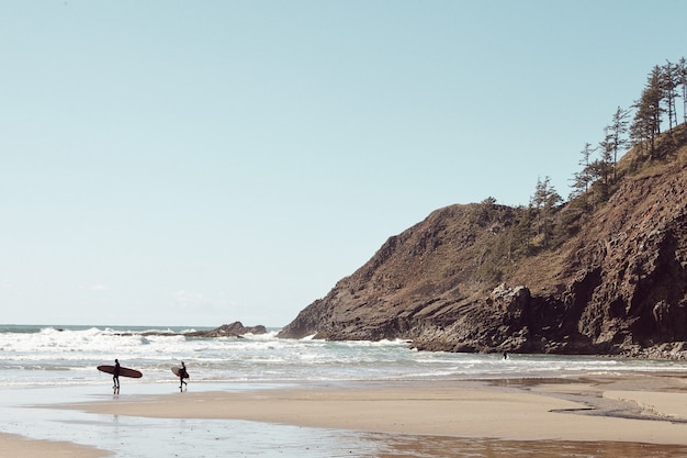 Surfeurs au loin sur la plage rocheuse