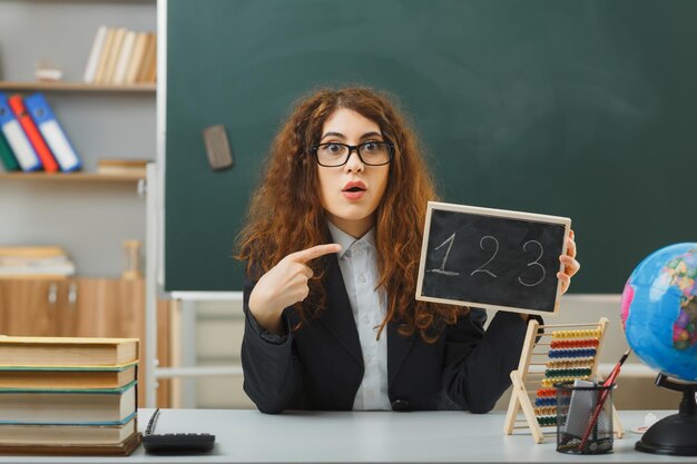 surpris jeune enseignante portant des lunettes tenant et pointe au mini tableau assis au bureau avec des outils scolaires en classe
