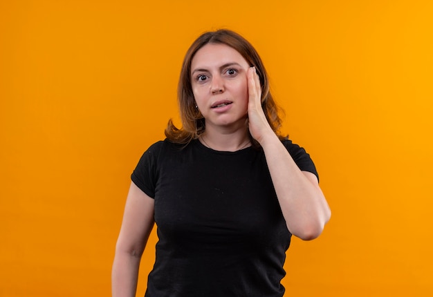 Surpris jeune femme décontractée mettant la main sur la joue sur un mur orange isolé avec copie espace