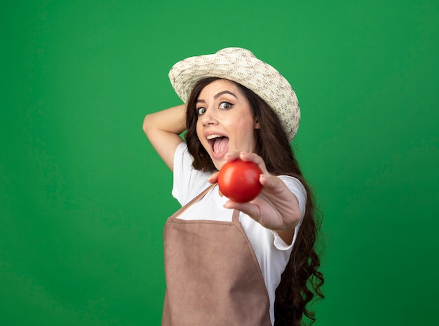 Surpris jeune femme jardinière en uniforme portant chapeau de jardinage détient tomate isolé sur mur vert