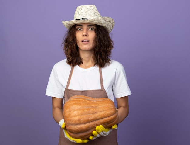 Surpris jeune femme jardinière en uniforme portant chapeau de jardinage et gants tenant la citrouille