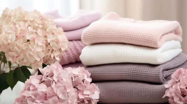 Photo gratuite sweaters en laine pastel et hortensia une collection de sweaters en laine rose pastel doux soigneusement pliés sur une table