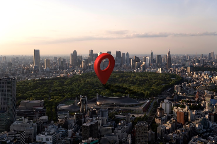 Photo gratuit symbole de localisation avec fond de paysage