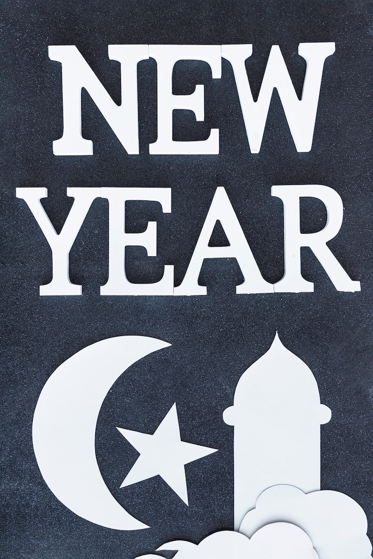 Photo gratuit symboles islamiques et mots du nouvel an