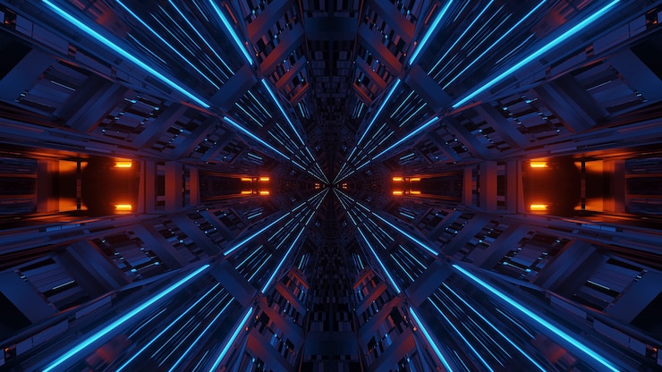 Photo gratuit symétrie futuriste et réflexion arrière-plan abstrait avec des lumières au néon orange et bleu