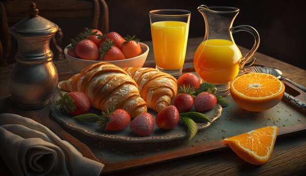 Une table avec une assiette de nourriture et de jus d'orange.