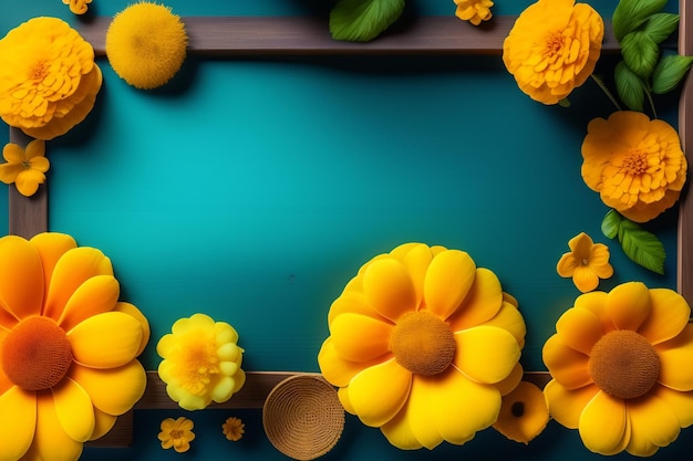 Une table bleue avec des fleurs jaunes et une cuillère en bois