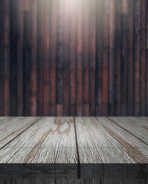 Table en bois 3D donnant sur un mur en bois defocussé