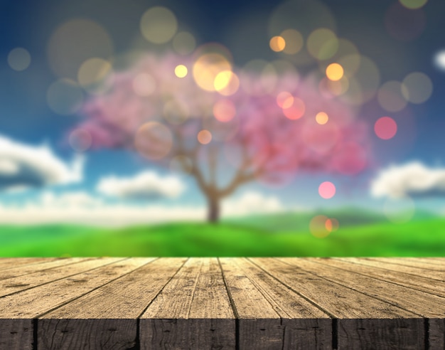 Table en bois 3D donnant sur un paysage d&#39;été défocalisé avec Cherry tree