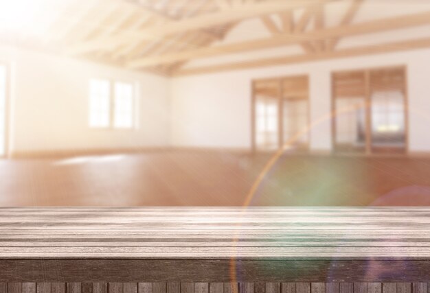 Table en bois 3D donnant sur une pièce vide moderne avec le soleil qui brille à travers la fenêtre