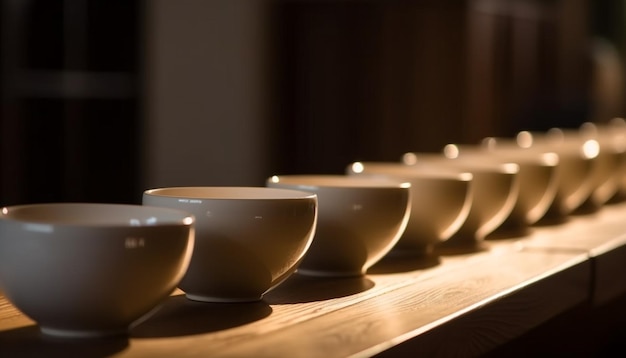 Photo gratuite la table en bois contient une collection de café en poterie moderne générée par l'ia