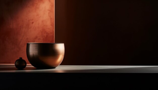 Une table en bois contient une collection de vases en poterie rustique générée par l'IA