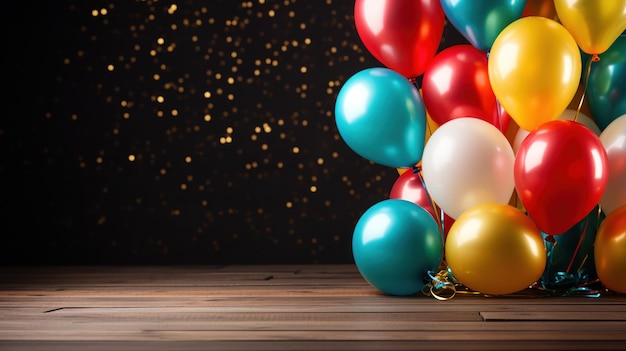 Photo gratuite table en bois décorée de ballons de carnaval vibrants et d'accessoires