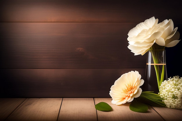 Une table en bois avec deux fleurs blanches dessus