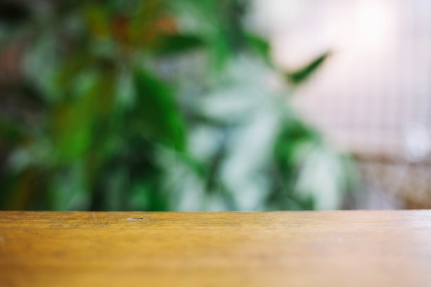 Table en bois sur fond flou de plantes