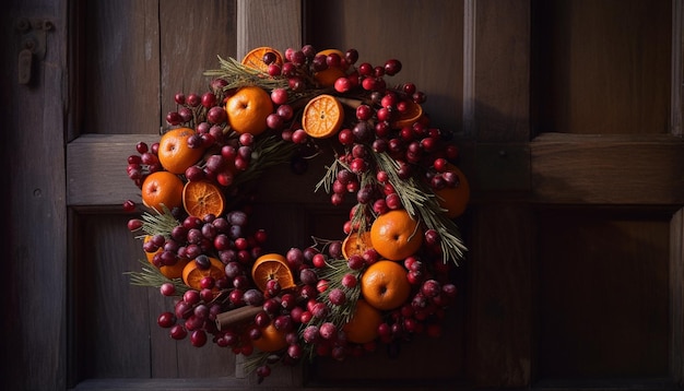 Photo gratuite table en bois rustique avec décoration de couronne organique ai générative