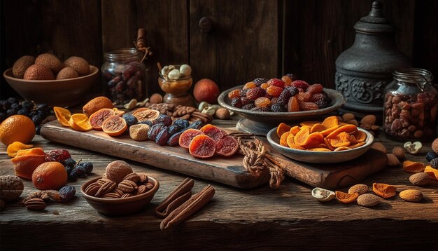 Table en bois rustique garnie de fruits gastronomiques sains générés par l'IA