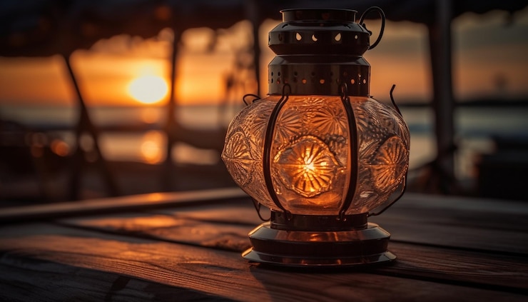Photo gratuit table illuminée par une lanterne à l'ancienne qui brille à la chandelle générée par l'ia