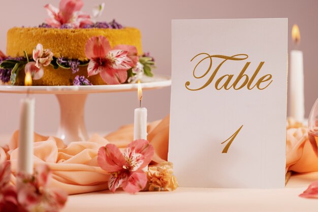 Table de mariage avec gâteau savoureux et carte