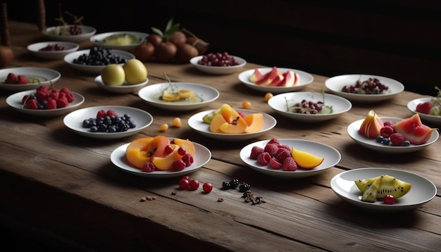 Photo gratuite une table pleine d'assiettes de fruits et une table pleine de différents types de fruits.