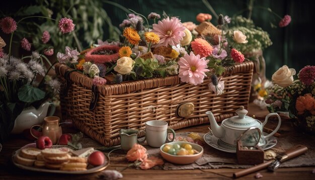 Table rustique avec des fruits frais et des fleurs générées par l'IA