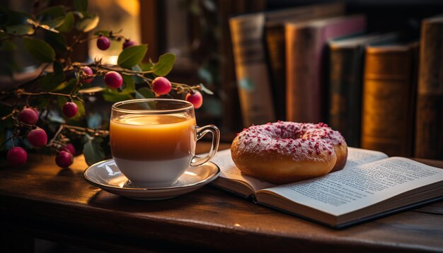 Photo gratuite une table rustique avec un livre de café et un donut généré par l'intelligence artificielle