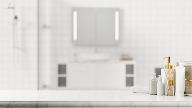 Table de salle de bain en marbre avec accessoires de bain et espace de maquette sur fond de salle de bain