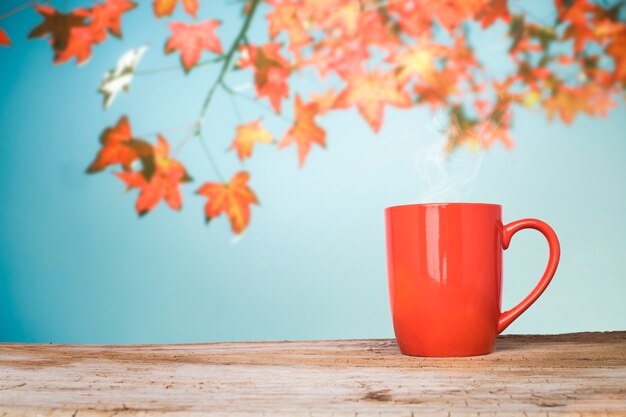 Table ou terrasse en bois et feuilles rouges sur fond de ciel bleu