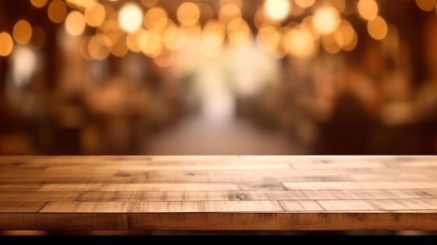 Table vide de planche de bois devant un arrière-plan flou Generative Ai