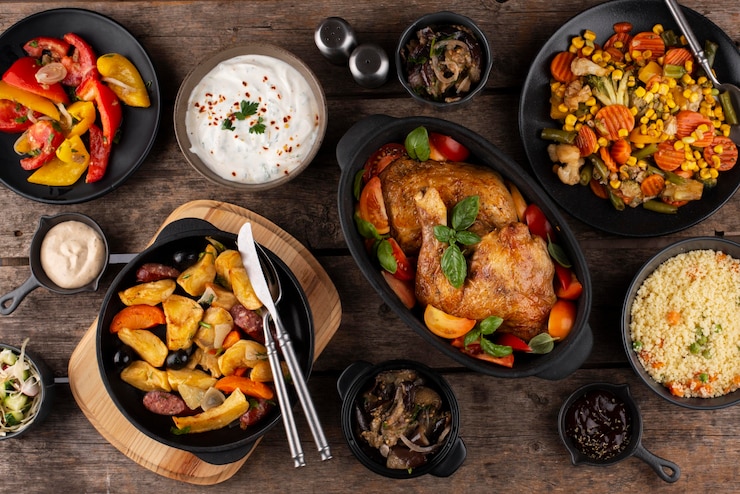 Photo gratuit table vue de dessus pleine de délicieuses compositions alimentaires