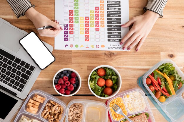 Tableaux plats et aliments biologiques dans des boîtes à lunch