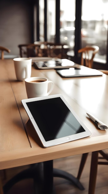 Photo gratuite tablette pc avec écran vierge et tasse de café sur table en bois dans un café