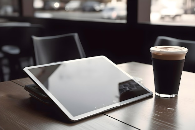 Photo gratuite tablette et tasse de café sur une table en bois dans un café