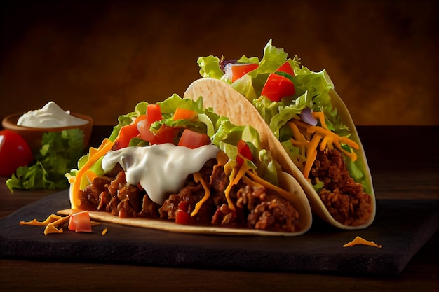 Taco de boeuf frais sur table en bois avec sauce IA générative