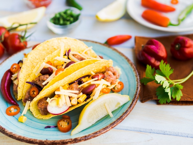 Photo gratuite taco mexicain traditionnel sur assiette